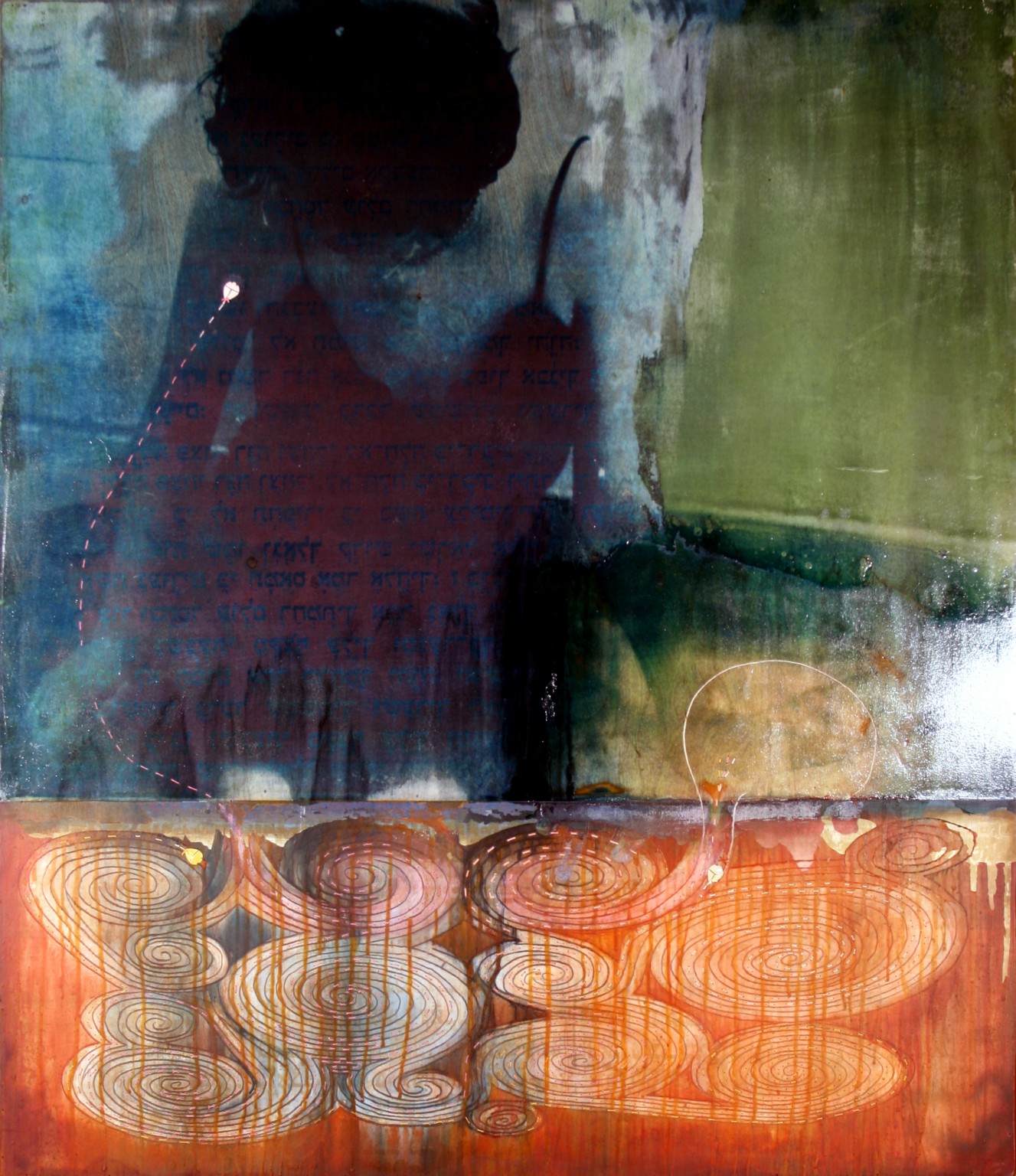 gum dichromate, acrylic, carving, found objects, sewing  48 x 60" (122 x 152cm)